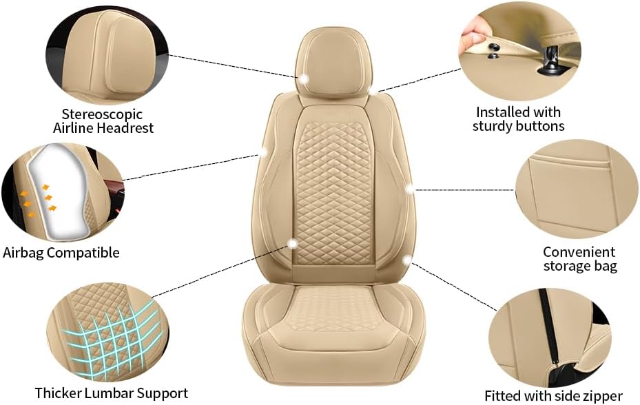 2 Packs Car Seat Covers Leather Car Seat Covers Universal Seat Covers for Car, SUV,Truck (Beige)