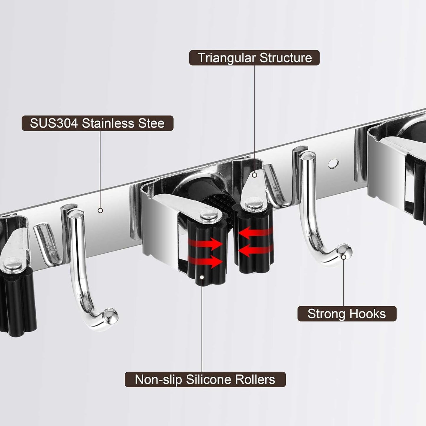 2 Pack Broom Holder Wall Mount, Stainless Steel Broom Hanger Wall Mount, Heavy Duty Mop and Broom Holder Tool Racks Utility Hooks for Laundry Room Garden Garage, Black (5 Racks and 4 Hooks)