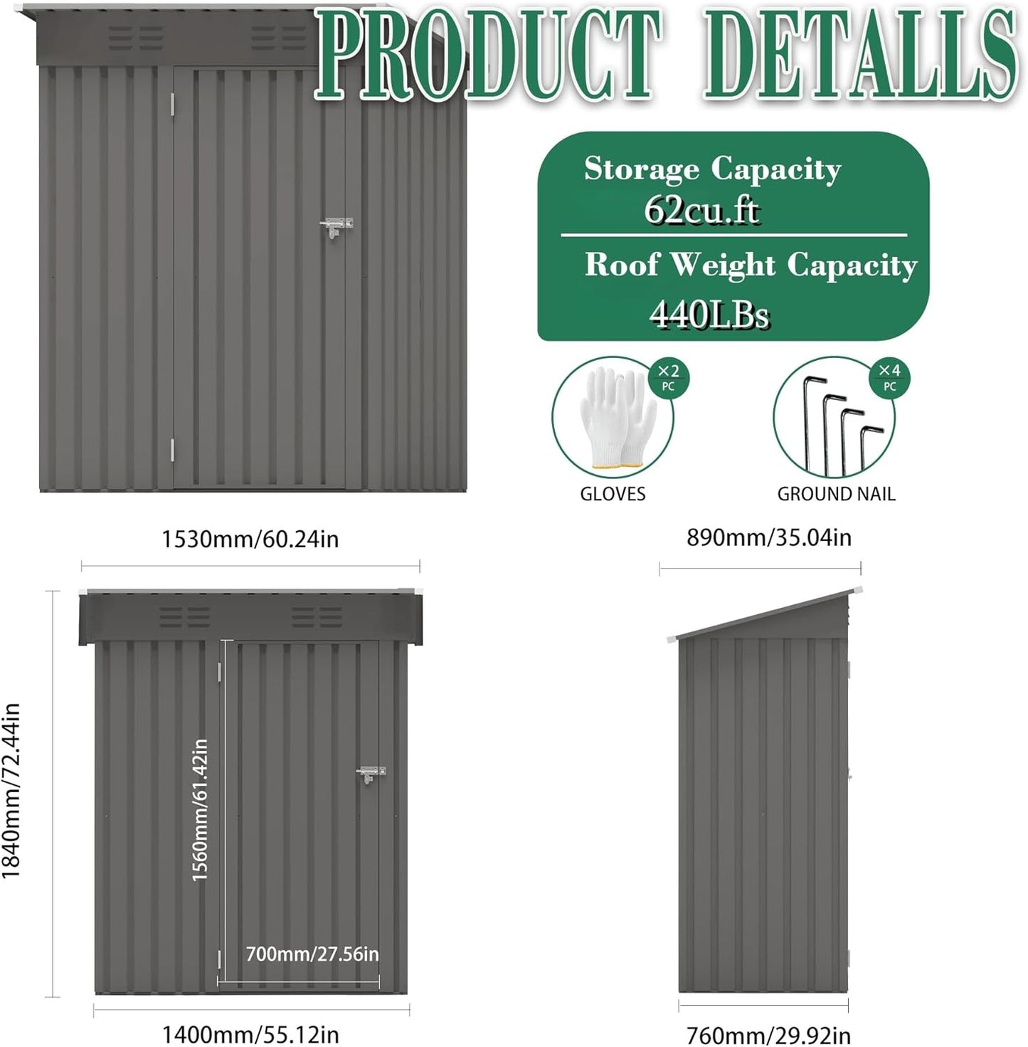 5x3x6FT Outdoor Storage Shed, Galvanized Steel Garden Shed with Lockable Door & Window, Waterproof Metal Tool Storage for Garden, Backyard, Patio, Lawn(Pitched Roof)