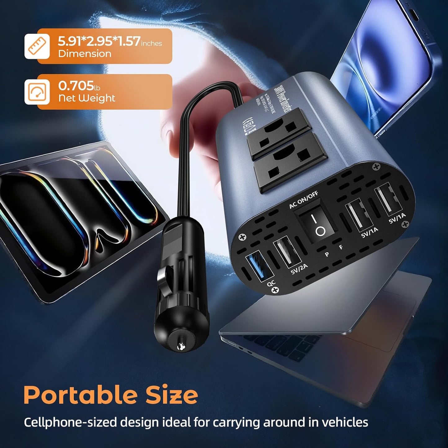 300W Car Power Inverter, DC 12V to 110V AC Car Plug Adapter Outlet with USB-Fast Charger(25W)、 USB-A(20W) and Dual AC Outlet, QC3.0, 4 USB Ports, Car Charger for Laptop、Phone, etc