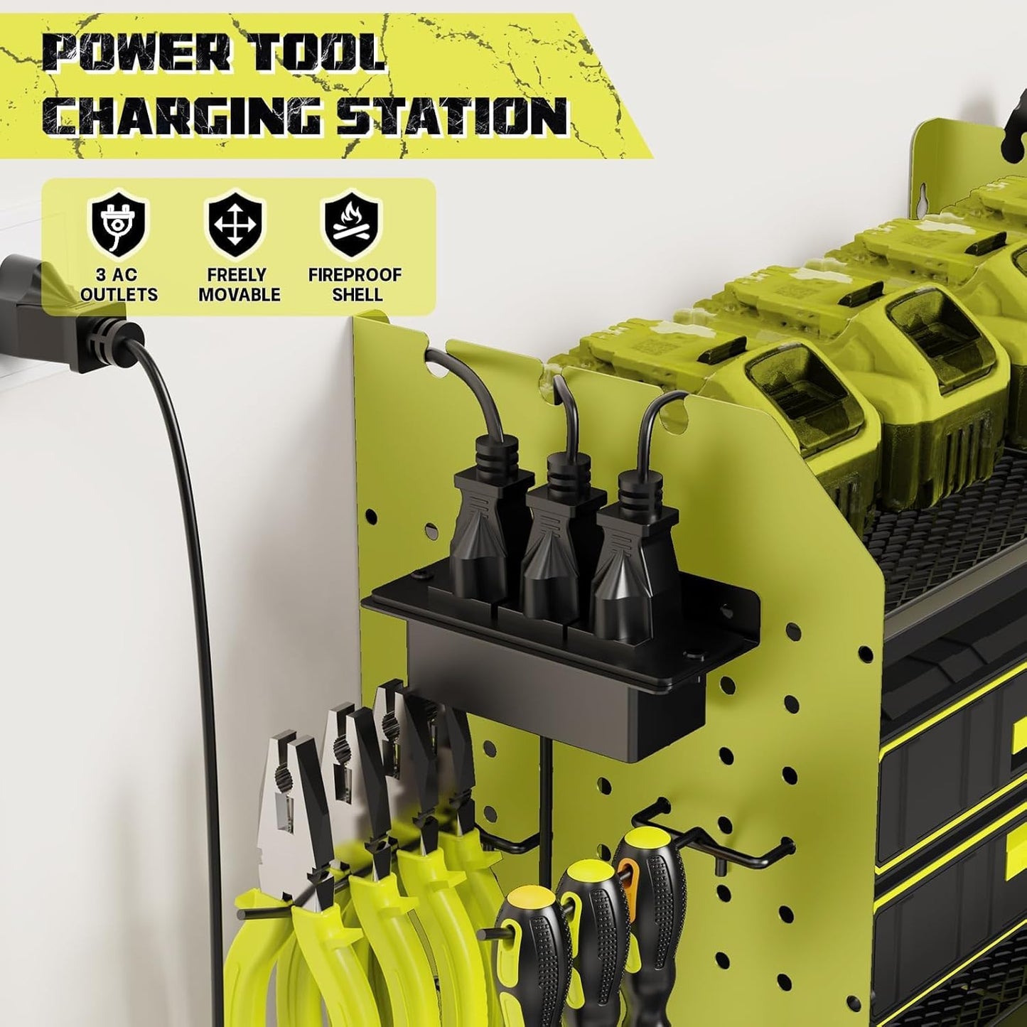 45" Power Tool Organizer Wall Mount with Charging Station - 3 Layer Storage Racks with 8 Cordless Drill Holder, 4 Hooks, Heavy Duty Garage Tool Organizer Storage for Workshop Shed Pegboard Basement