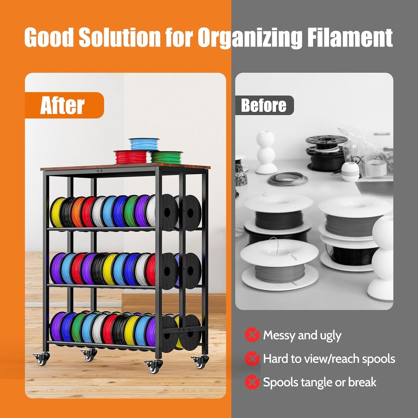 3D Printer Filament Cart, 2 Rows Filament Storage Rack Shelf for PLA/TPU/ASA/Nylon Filament Metal Storage Rack with Storage Board, 3D Printer Accessories for Workshop Garage Office Storage Tire Rack