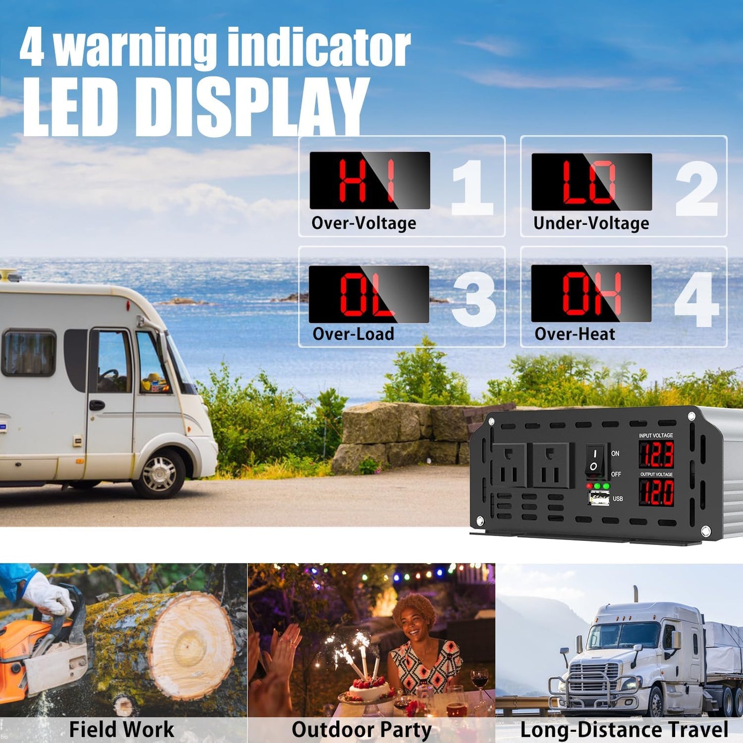 2000 Watt Power Inverter Modified Sine Wave, DC 12V to AC 110V 120V Converter with Dual Sockets, USB Port, LED Display for RV Truck Boat Solar Car Emergency Off Grid