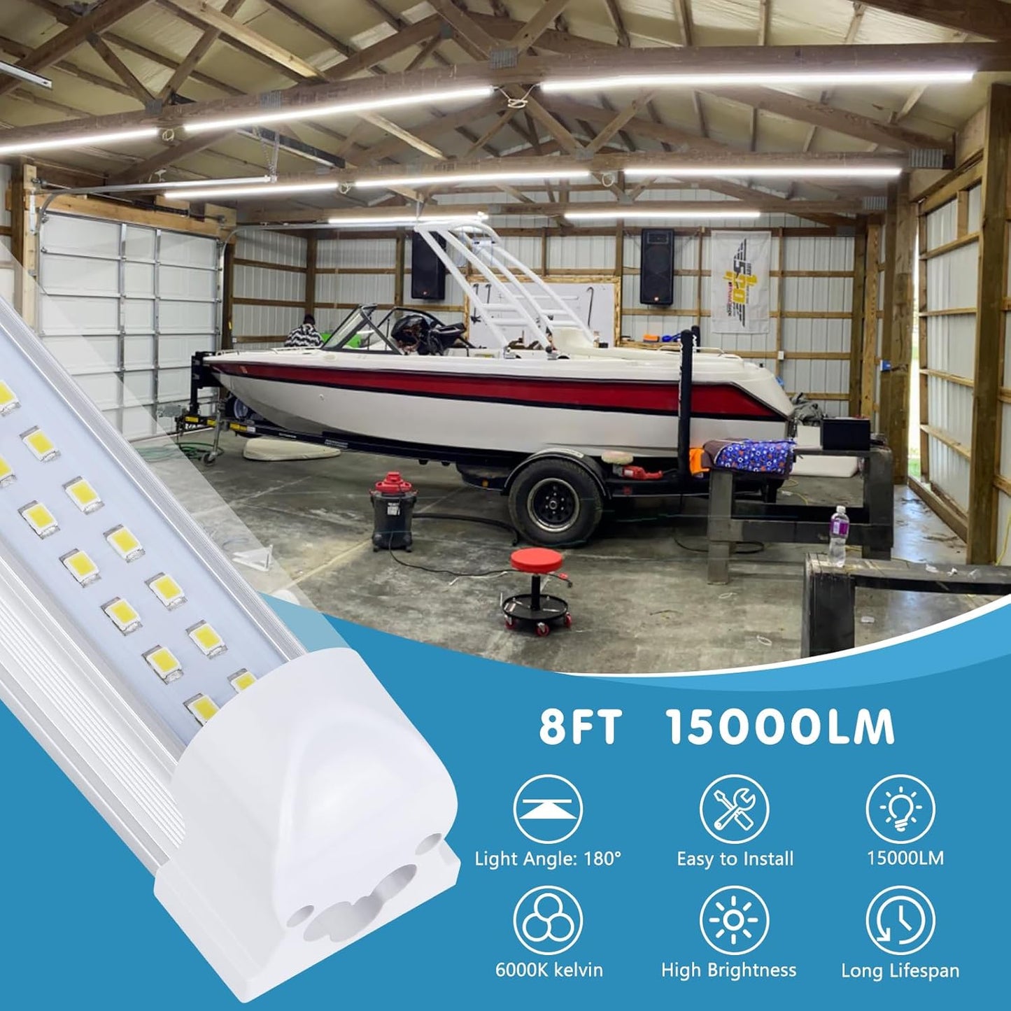 4 Pack,Led Shop Lights, 8FT Led Shop Light,100W 6000K 15000LM Clear White,Led Shop Light 8FT 110V Linkable Integrated Flat-Shape for Shop Garage,Warehouse