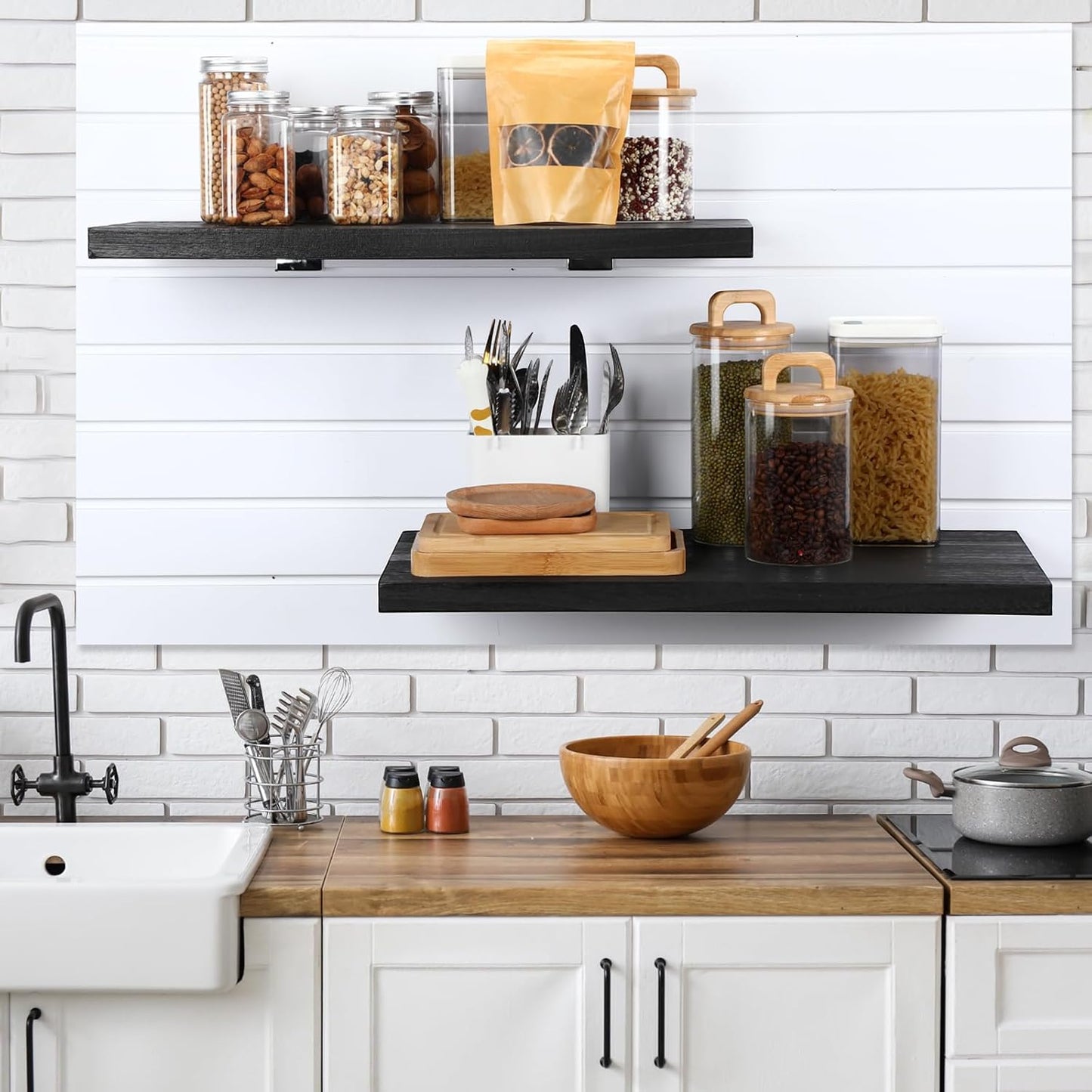 4 Pack Wooden Slatwall Shelf, Black Slatwall Shelves with Metal Hooks Organizer Set Mounted Accessories for Garage Home Workshop Workbench 23.6" x 11.8" x 1.1"