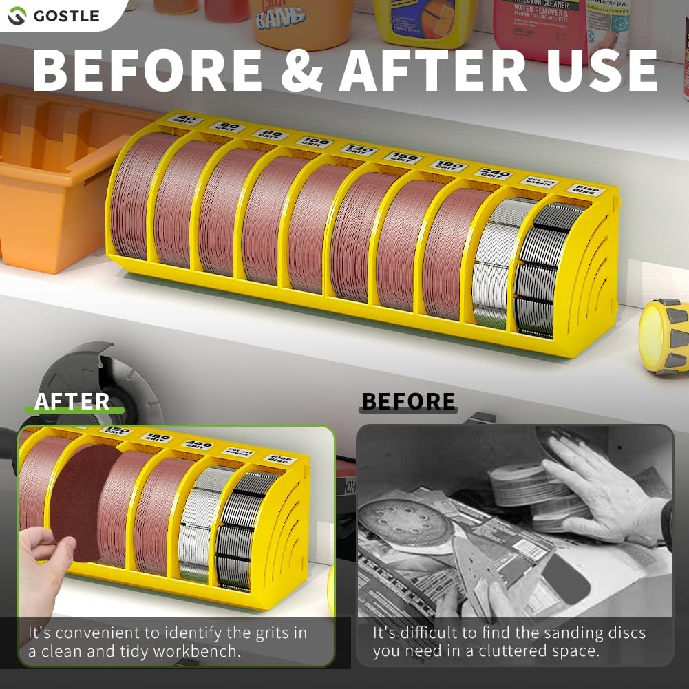 5 Inch Professional Sanding Discs Storage Bins - 6 Bins Set for Efficient Organization, Offset Snap-On Connection, Grit Classification, Space-Saving Design and Versatile Application, Yellow