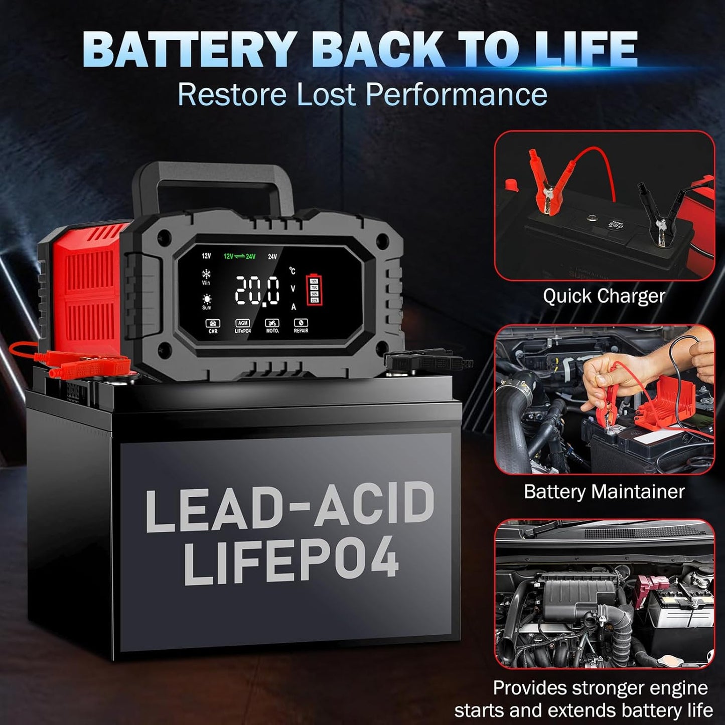 20-Amp Car Battery Charger, 12V/20A and 24V/10A LiFePO4,Lead-Acid(AGM/Gel/SLA) Automatic Smart Trickle Charger Maintainer,Desulfator, 300W Fast Charging for Automotive Truck Motorcycle Lawn Mower Boat