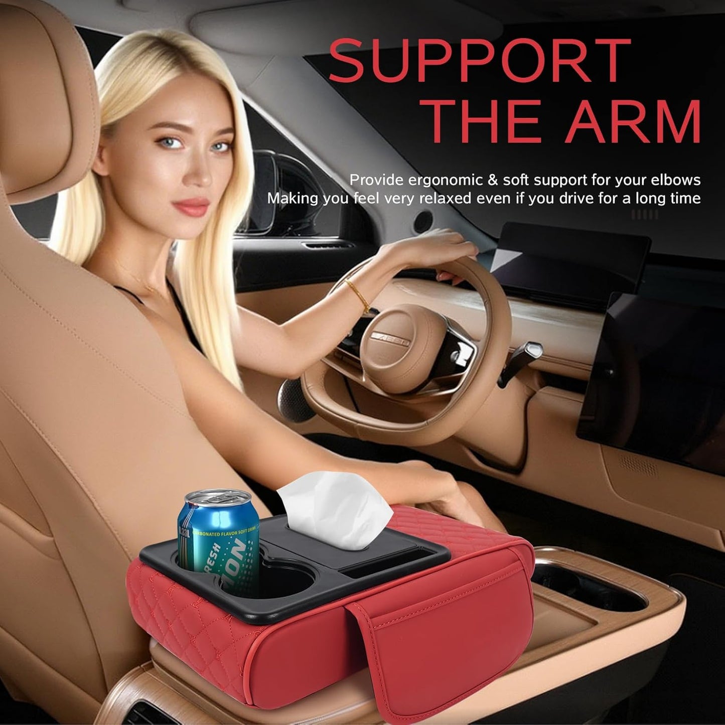 5 in 1 Car Armrest Storage Box for Center Console, Armrest Cushion Cover for Car with 2 Cup Holders Storage Bags, Tissue Box, Phone Slot, Premium Memory Foam with Nappa Leather, 14.2*7.9*2.8in (Red)