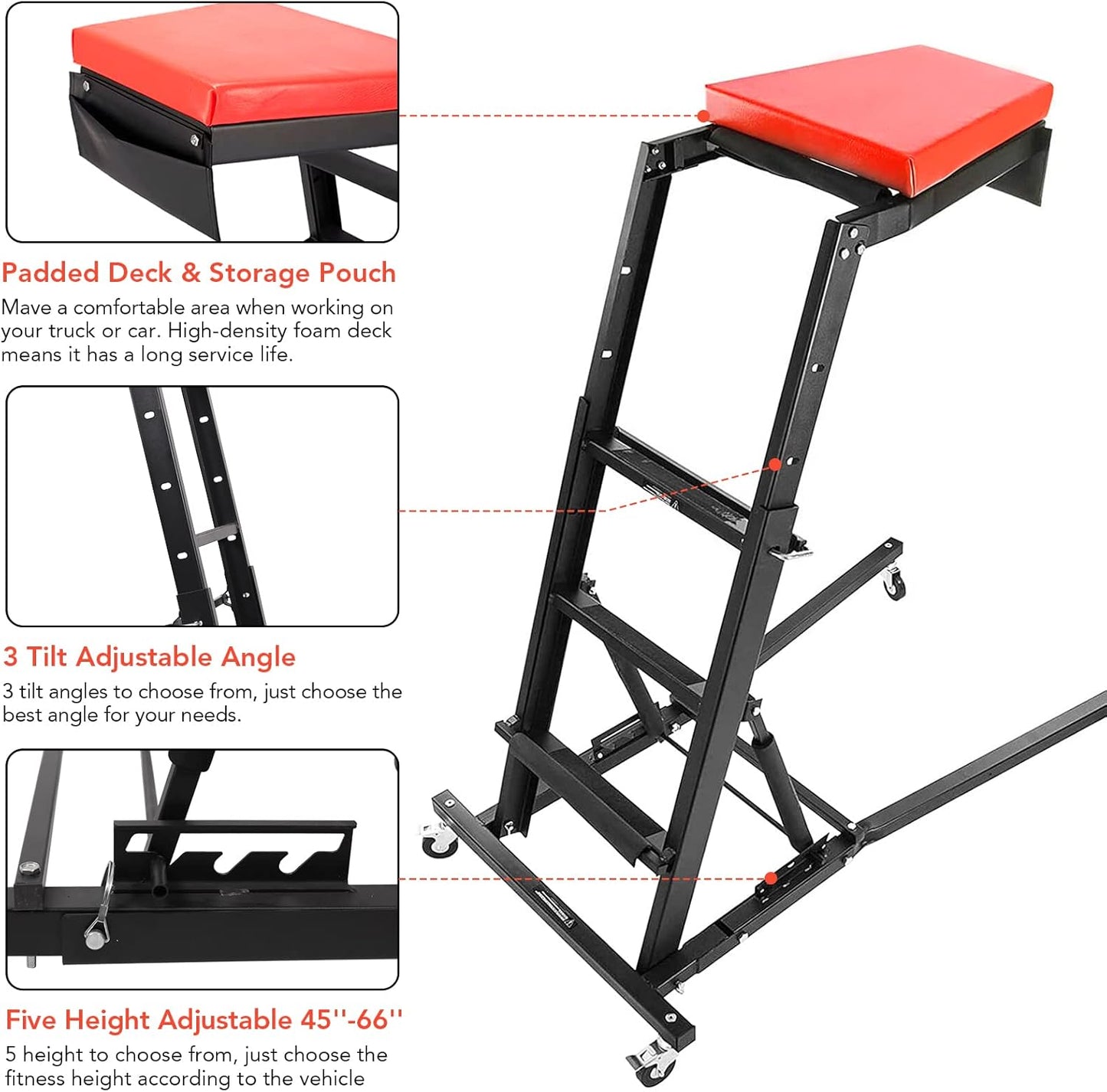 400lbs Foldable High Top Automotive Engine Creeper, 48" to 66" Adjustable Height Creeper for Garage Workshop Repair Maintenance Mechanic