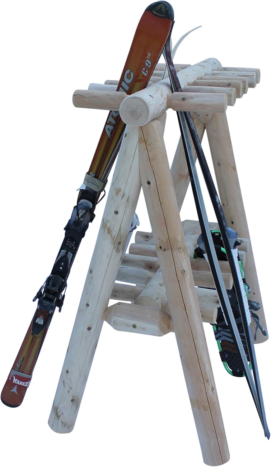 21-Place Freestanding Log Ski Rack Holder, Indoor & Outdoor Snowboard Racks, Standing Storage, Garage Racks for Snow Skis & Poles, Durable Snowboard Rack Garage Storage Organizer - Natural