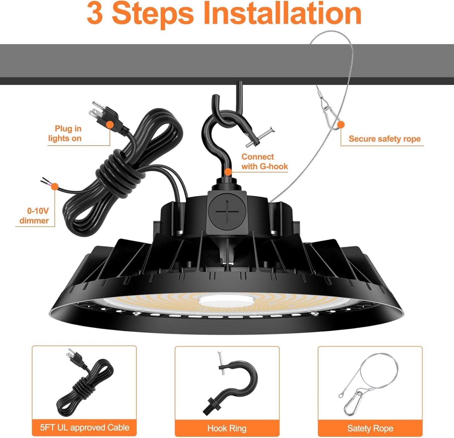 6Pack LED High Bay Lights, 200W UFO High Bay LED Shop Lights, 30000LM Adjustable CCT(5700K 5000K 4500K) & Power(200W 150W 100W), 0-10V Dimmable, 5' Cable Plug, IP65 Waterproof, ETL & DLC Listed