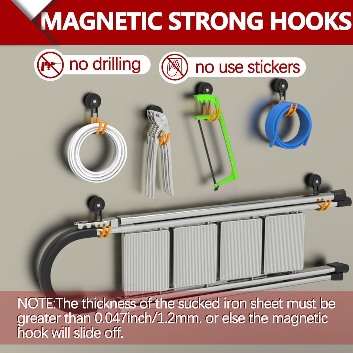 3-H Heavy Duty Magnet Garage Hooks 4 Pack, J Shape Strong Magnetic Hooks for Hanging Cordless Power Drill, Utility Magnetic Tool Holder for Metal Cabinet, Steel Pegboard, Toolbox, Garage(Orange)