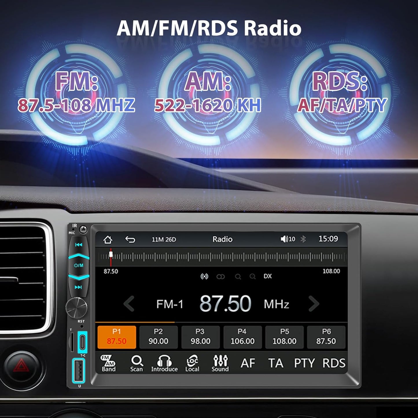 7" Wireless Double Din Car Stereo Apple Carplay Radio Screen for Car Audio Receivers, Bluetooth Car Play Android Auto Touchscreen, Mirror Link, Backup Camera, SWC, AM/FM, AirPlay, Type-C