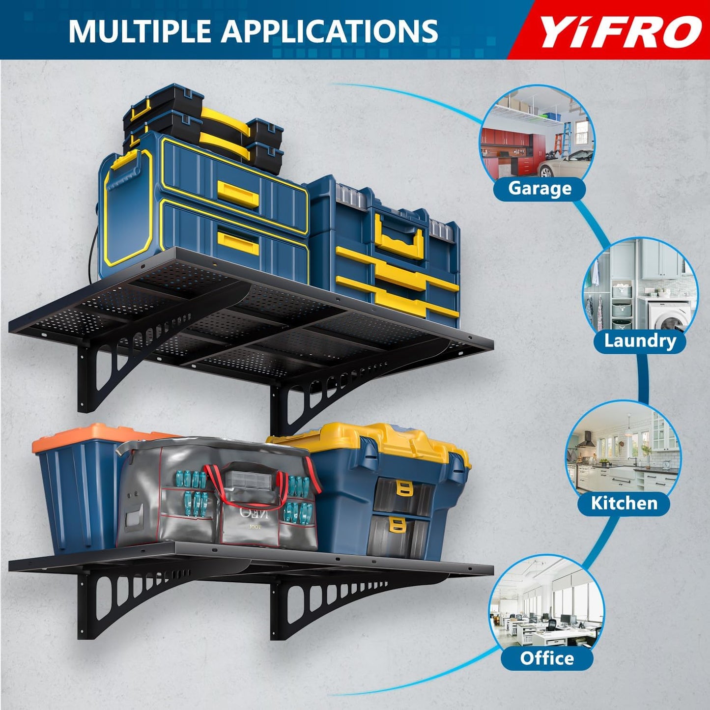 4-Pack 2x3ft Heavy Duty Garage Wall Shelving, 1000 lbs Load Capacity, Garage Shelving Wall Mounted, Garage Storage Rack with Hooks, Black