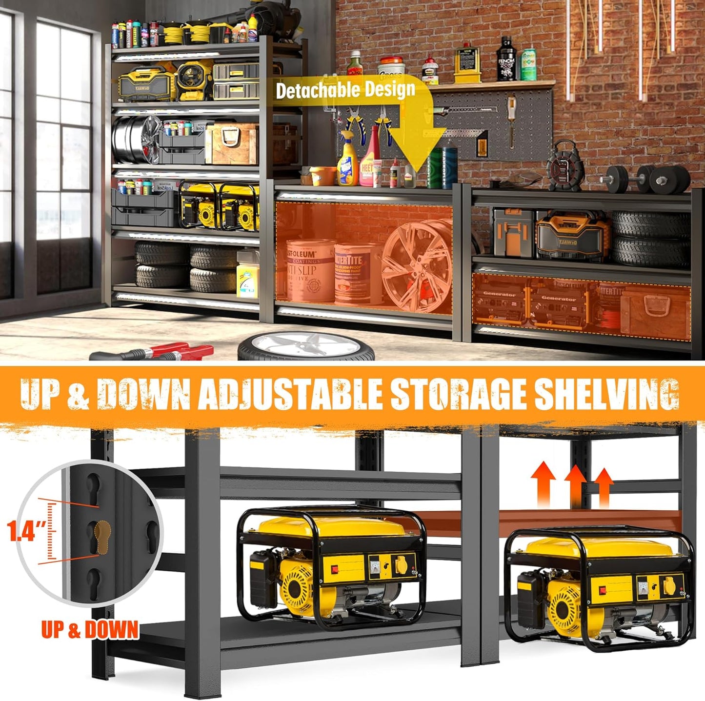 63''H Garage Shelving 3000 LBS Heavy Duty Garage Storage Shelves, Adjustable 5 Tier Metal Industrial Shelving Units Utility Shelves for Warehouse, Basement,15.75''Dx32''Wx63''H, Black