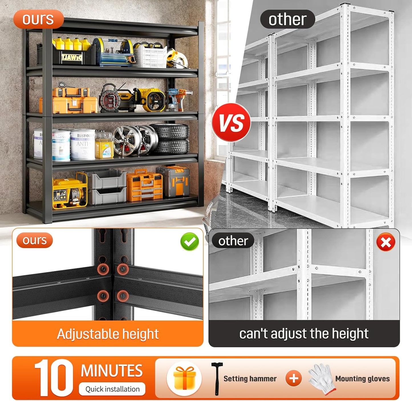 63" H Garage Shelving Unit, Garage Storage Shelves 1600LBS Heavy Duty Shelving, Adjustable 5 Tier Metal Shelving Utility Shelf, Storage Rack for Industrial, Warehouse, Basement (15.7" D*23.6" W*63" H)