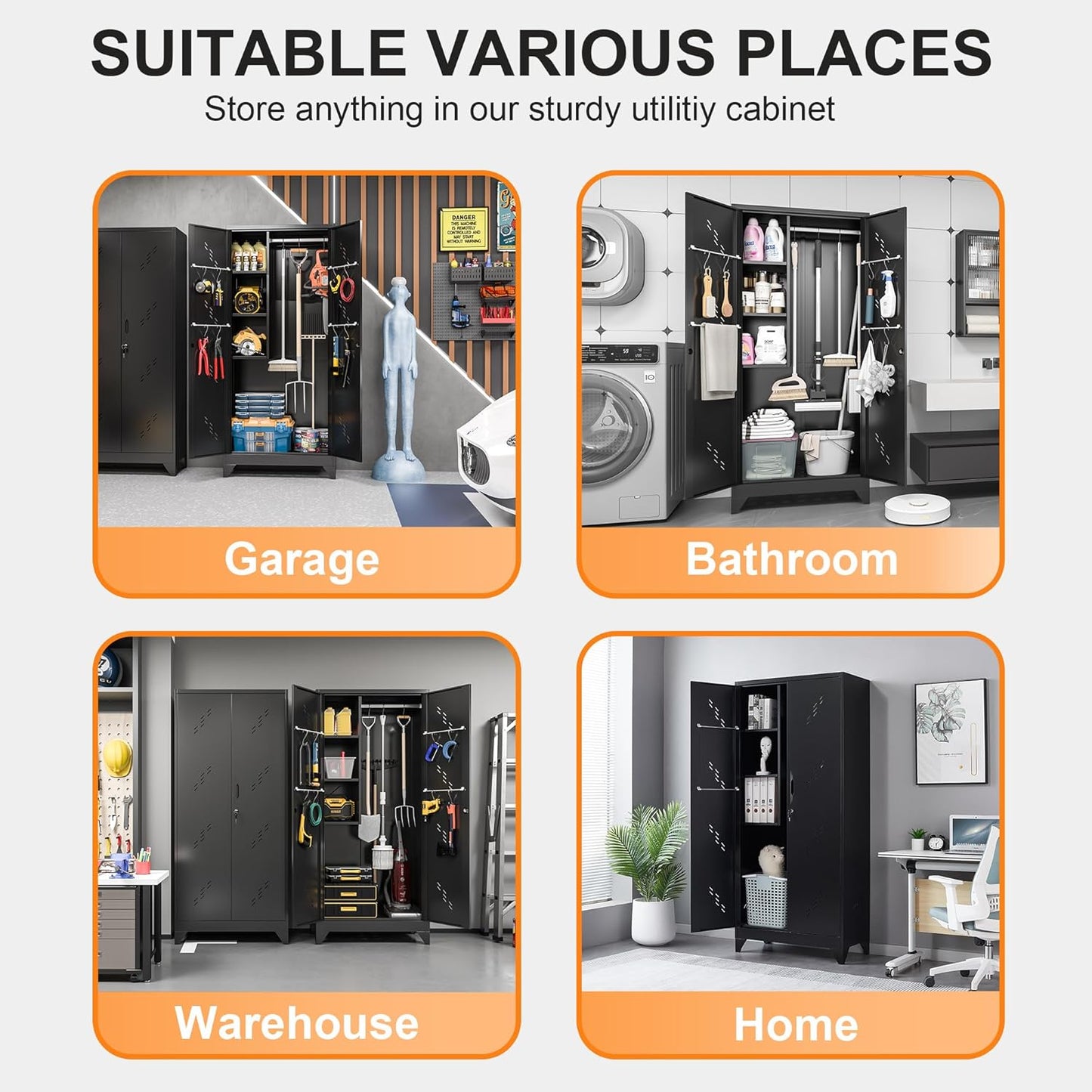 75" Metal Storage Cabinet, Tall Broom Cabinet, Garage Cabinets with Locking Doors, Black Outdoor Utility Broom Closet Storage Cabinets for Office, Bathroom, Warehouses