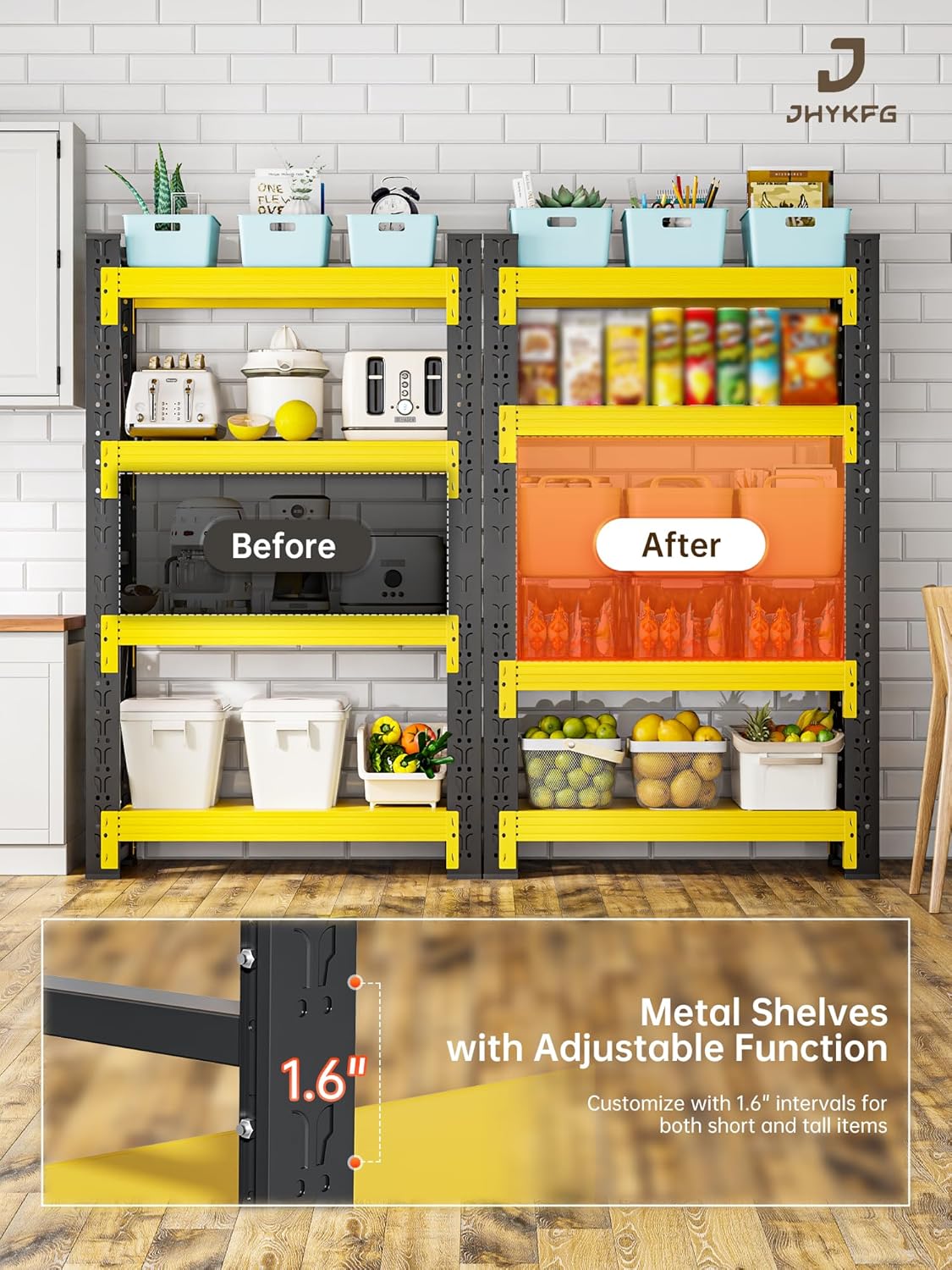 4-Tier Storage Shelves,79" H Heavy-Duty Garage Shelving Unit,Adjustable Industrial Metal Shelf System,3,400lbs Capacity,Tool Organizer for Garage,Workshop,42" W*20" D*79" H,Black&Yellow