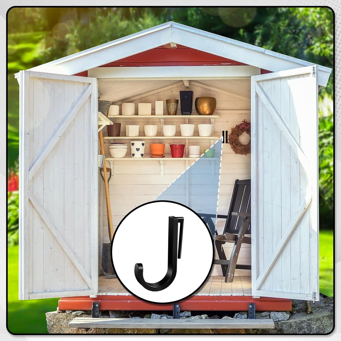 8 Pcs J Tool Hooks Plastic Multi Purpose Shed Organizer Accessories for Wall Black Shed Hanger Storage for Garage Hanging Shovel Rake Sports Equipment