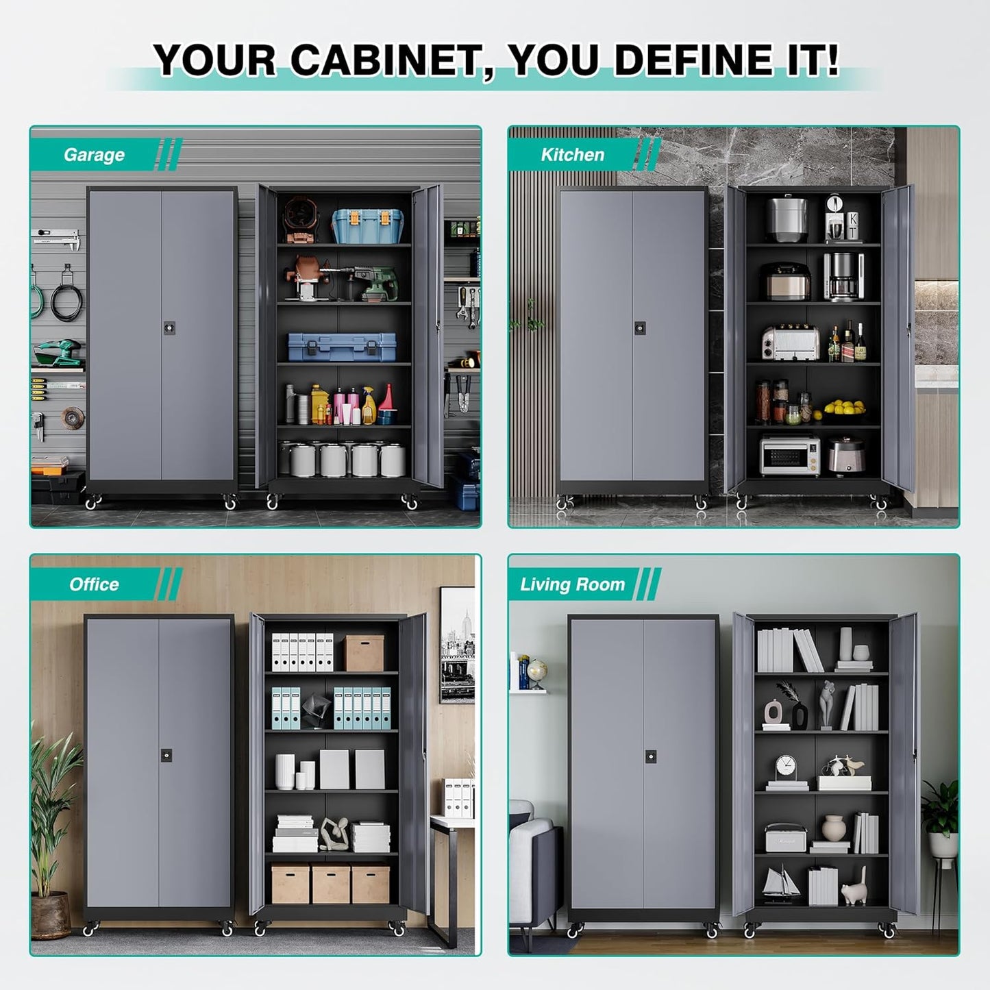 75" Tall Metal Storage Cabinet with Wheels,Rolling Garage Storage Cabinet with Lock,Gray Metal Cabinets with Wheels and Shelves,Tall Tool Cabinets on Wheel for Garage,Home,Office,Shop