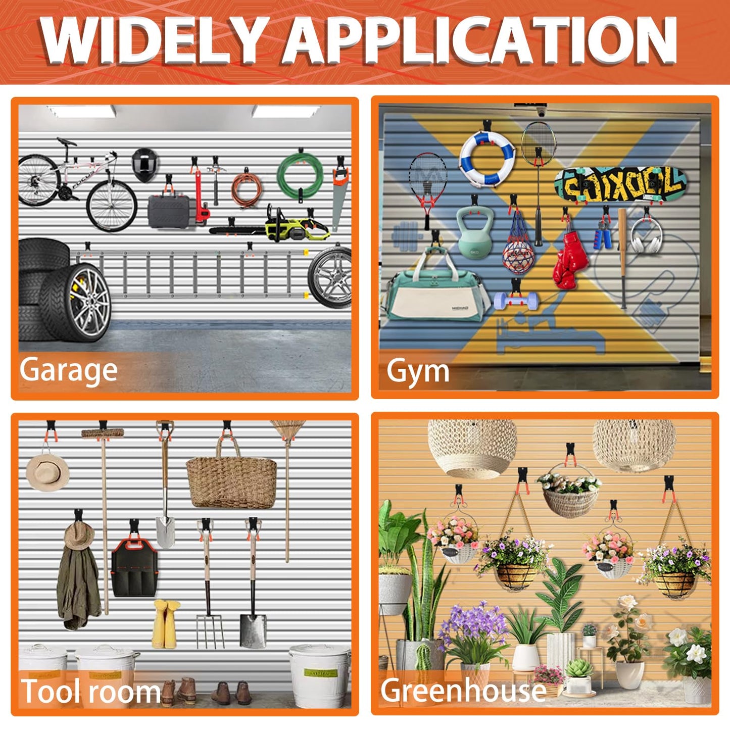 3-H Slatwall Accessories 14 Pack, Slatwall Hooks & Hangers 7 Sizes, Slat Wall Hanging Hooks, Proslat Accessories for Garage Wall Panels Organzing Garden Tools Chairs Ladder(Orange)