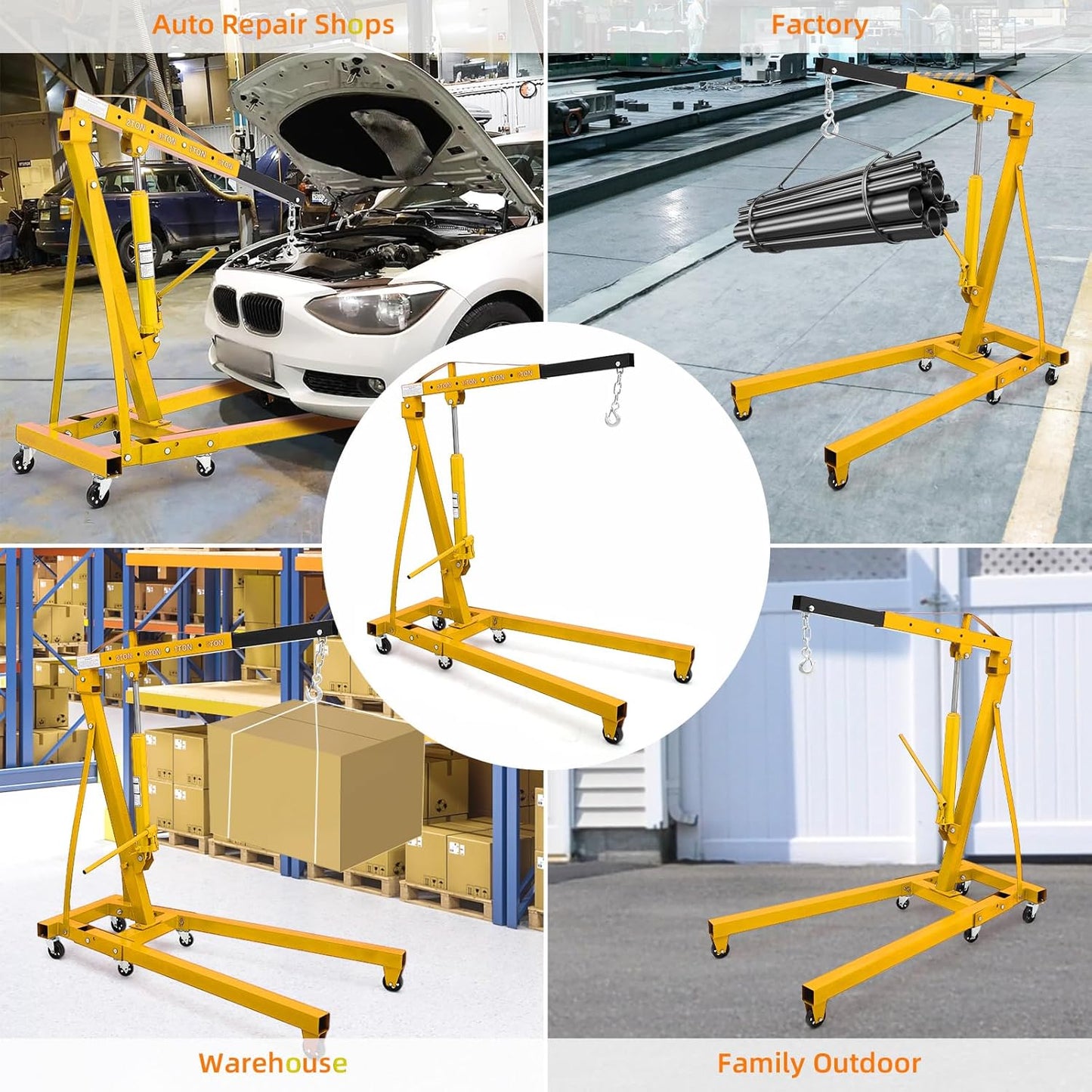 2 Ton Engine Hoist, 4000 Lbs Heavy Duty Folding Cherry Picker Engine Lift Hydraulic Tilting Engine Shop Crane with 6 Iron Caster Wheels Telescopic Boom Hitch,Yellow