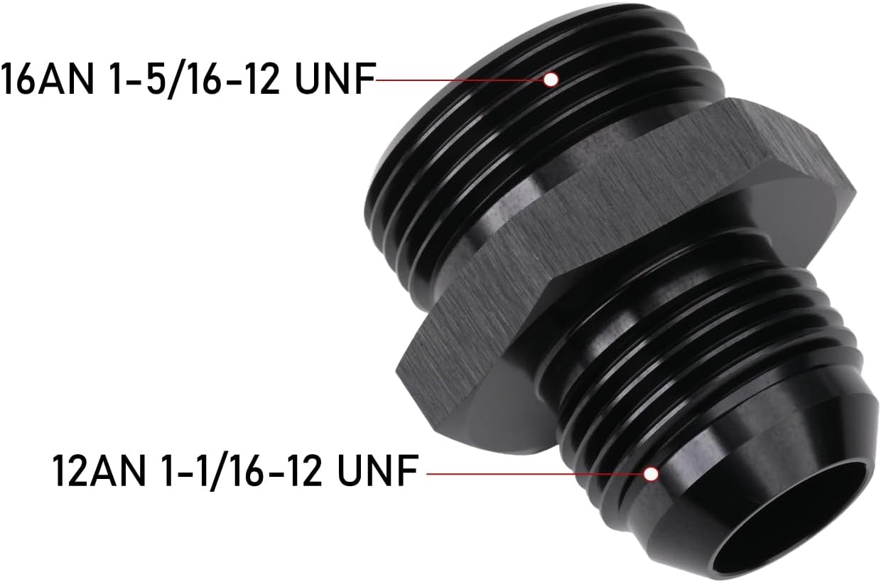 12AN Male Flare to 16AN ORB O-ring Boss Fuel Pump Rail Adapter Fitting Aluminum Black, Pack of 2