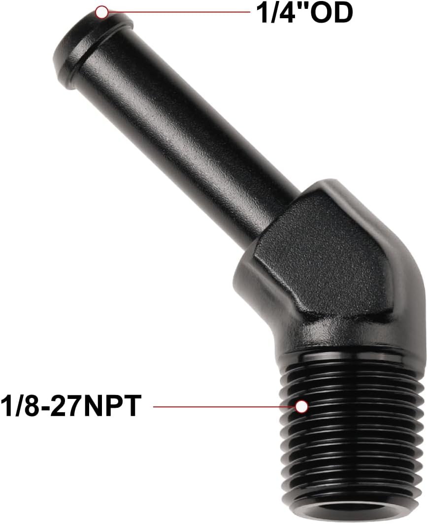 1/8 NPT Male to 1/4" Hose Barb Fitting Adapter 45 Degree Elbow Aluminum Black