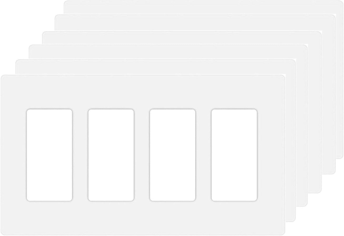 4-Gang Screwless Decora Wall Plate Cover Switch Outlet Electrical Faceplate for Light Switche, Smart Switch, Receptacle, Dimmers, USB Outlet, GFCI, Child Safe Cover Plate, White (6-Pack)
