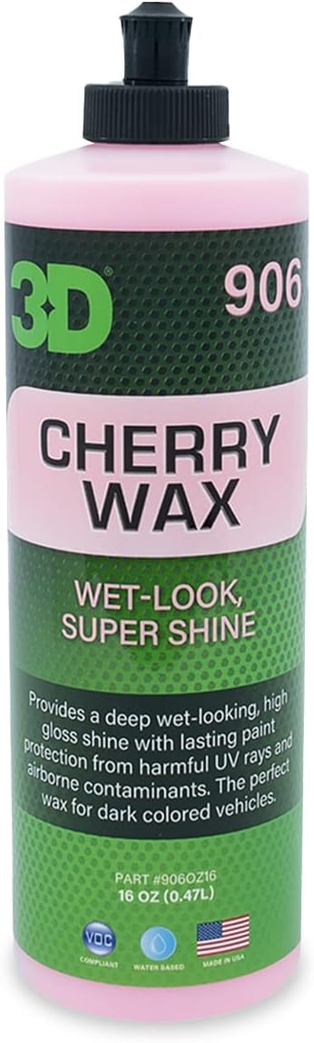 3D Cherry Wax – Liquid Carnauba Show Car Wax with Synthetic Polymers | Deep Gloss Finish | Easy Wipe-Off | Slick Shine | Fast Application | Made in USA |16 oz