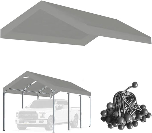 10'x20' Upgraded Carport Replacement Top Canopy Cover for Car Garage Shelter Tent Party Tent with Ball Bungees Grey (Only Top Cover, Frame is not Included)
