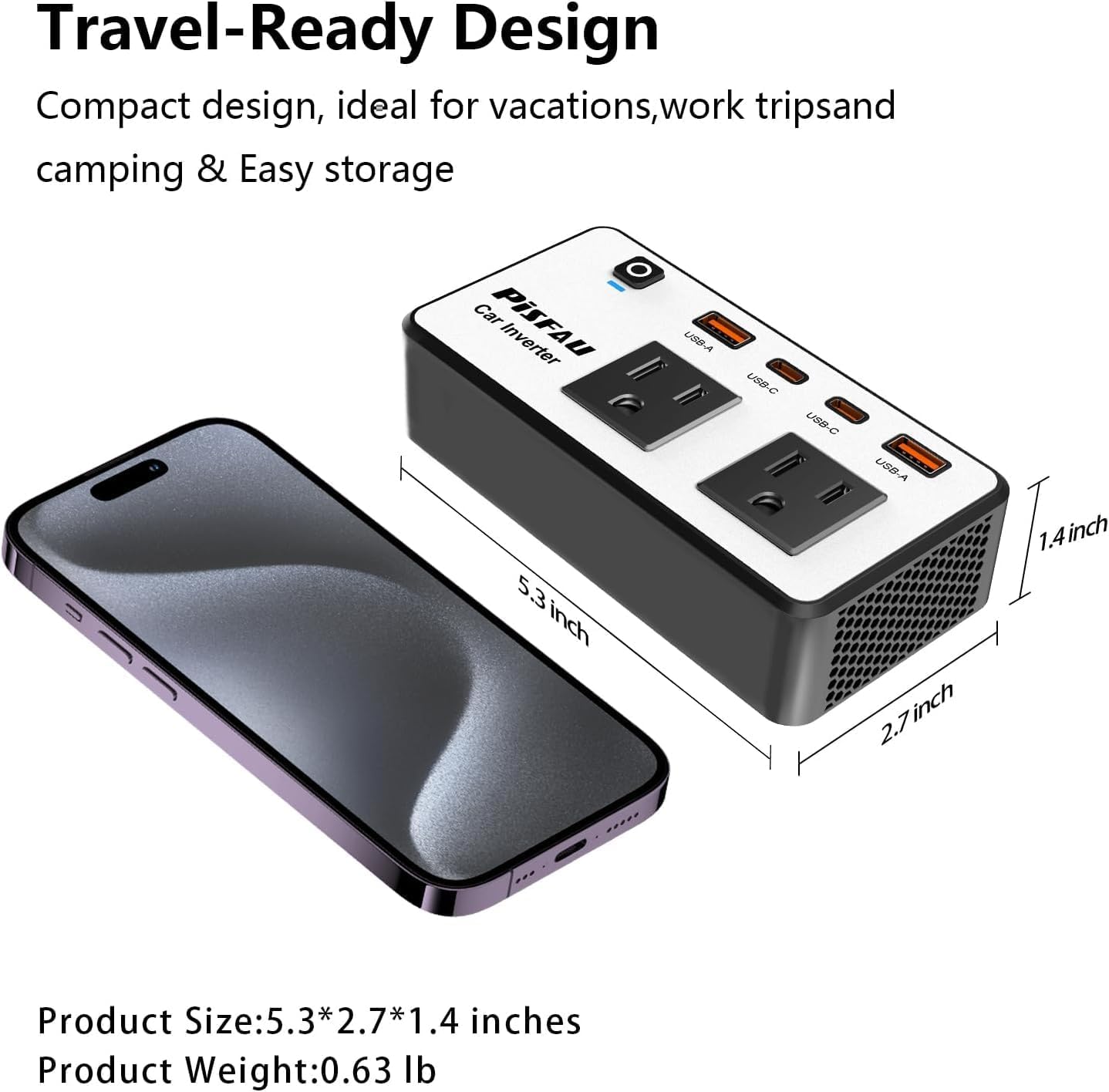 300W Car Power Inverter 12V to 110V，PiSFAU DC to AC Car Plug in Adapter Outlet with Multi USB[24W USB-C] /USB-Fast Charger(24W) Car Inverter，Car Charger for Laptop Vehicles Road Trip Essentials