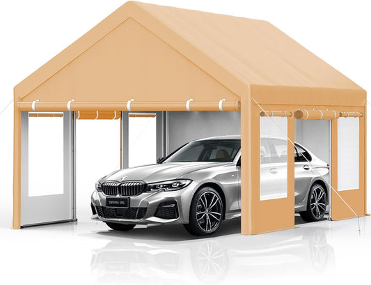 13x20 FT Heavy Duty Carport, Oversized Portable Garage with 4 Doors & 4 Windows, Reinforced Frame, All Weather Protection Outdoor Shelter Canopy for Cars, Boats, Trucks, BBQ and Outdoor Gatherings