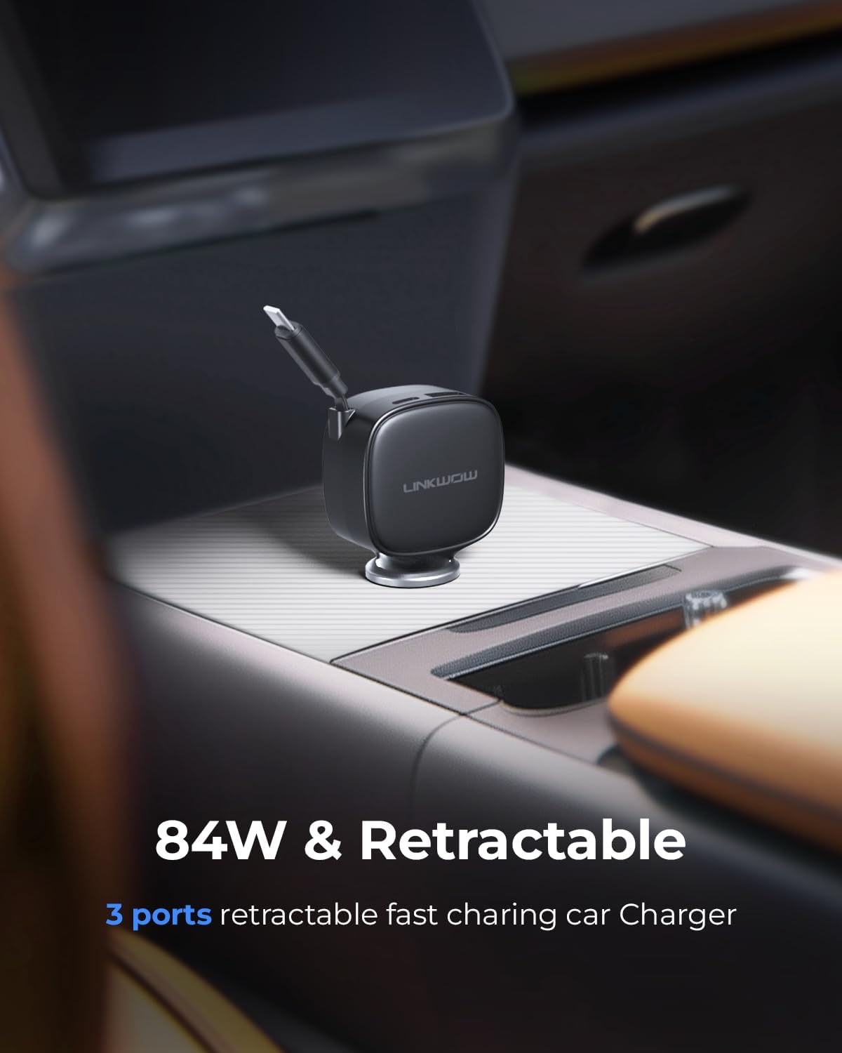 84W Max Retractable Fast Car Charger - USB C Cigarette Lighter Adapter Ultra-Compact Type-C Fast Car Charger with Built-in Retractable Cable