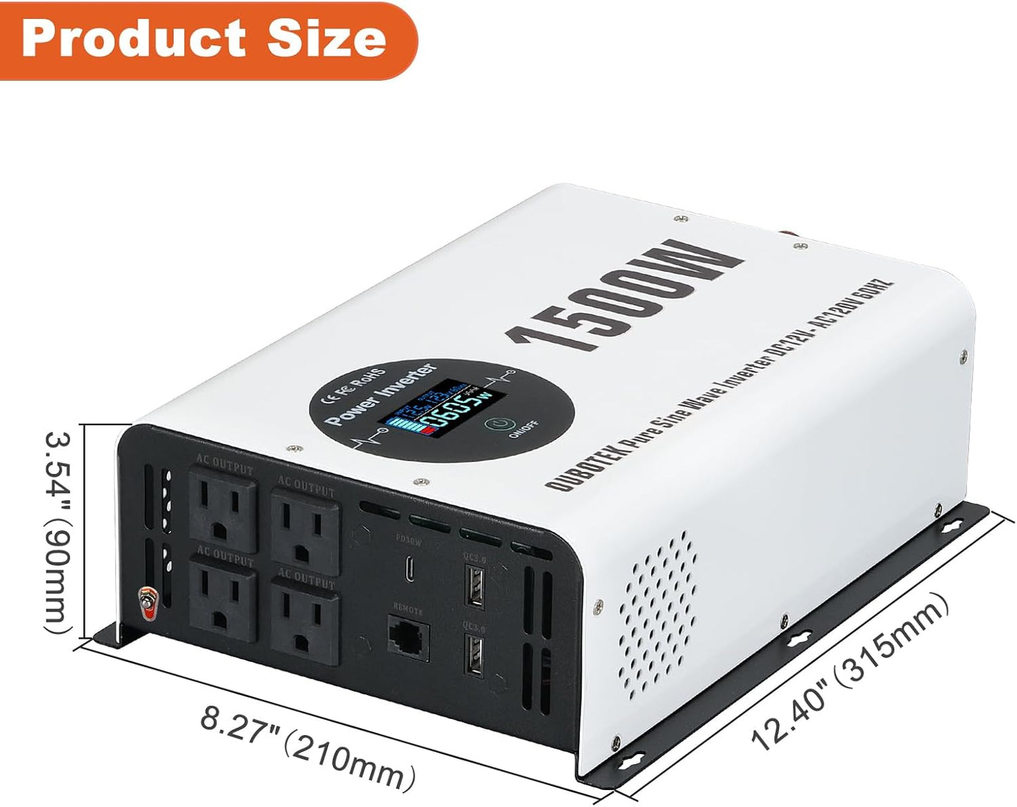 1500W Pure Sine Wave Power Inverter with Peak 3000W,12V to 120V AC Converter, Wireless Remote, 4 AC Outlets, 2 USB Ports and Type-C for RV, Solar Off-Grid
