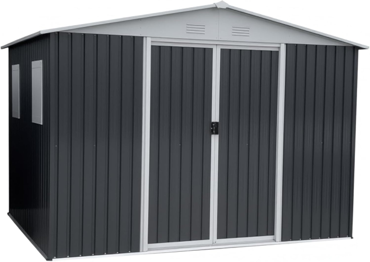 12x10 FT Outdoor Storage Shed with 4 Windows, Durable Metal Garden Sheds w/Updated Frame and Lockable Sliding Doors, Waterproof All-Weather Shelter Tool House for Backyard, Patio, Lawn, Grey