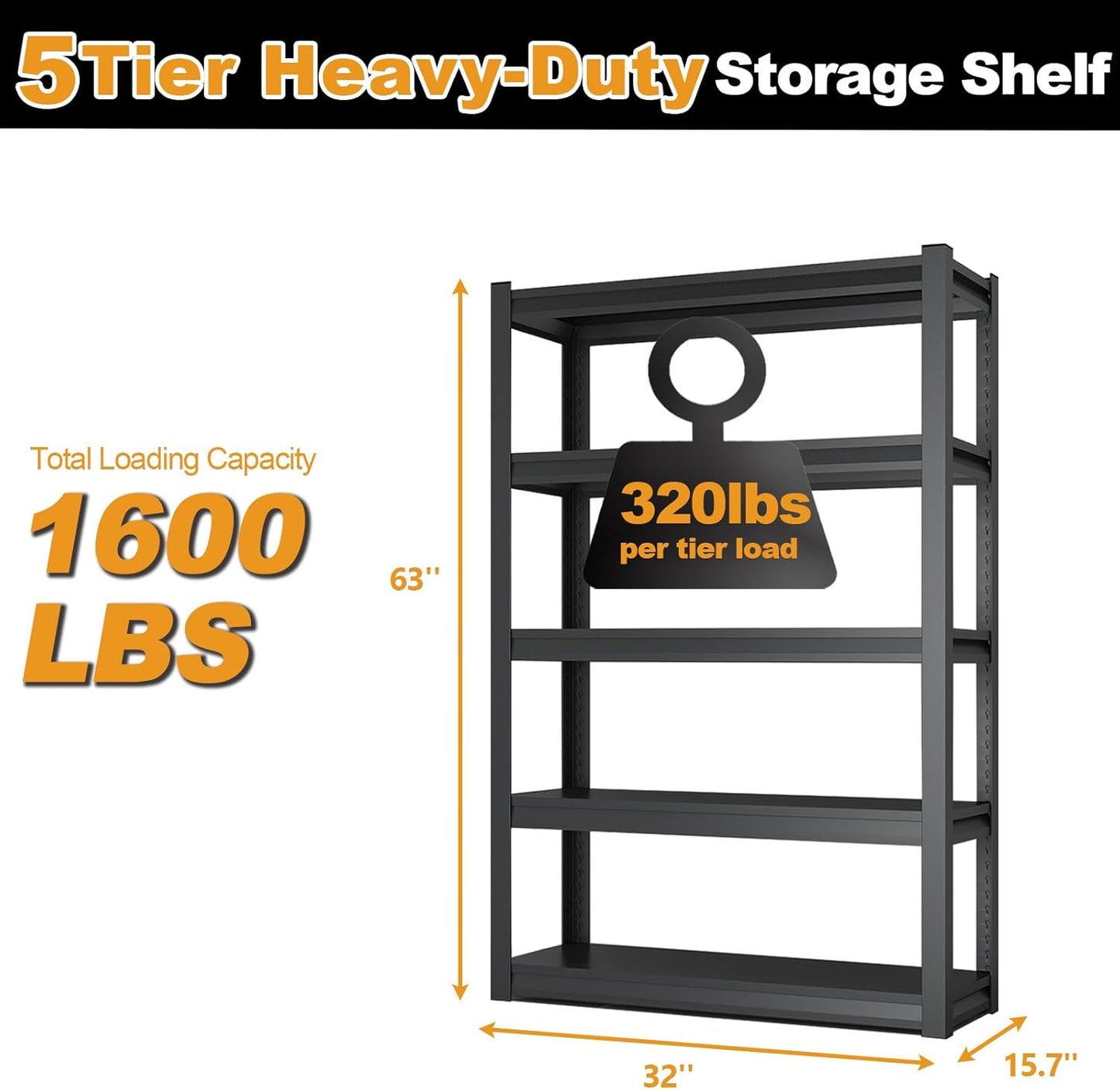 63H Metal Kitchen Storage Shelves, 1600 LBS Heavy Duty Garage Shelving Unit, 5-Tier Adjustable Pantry Shelves, Food and Beverage Storage Rack, Appliance Storage Utility Shelf for Balcony - Black