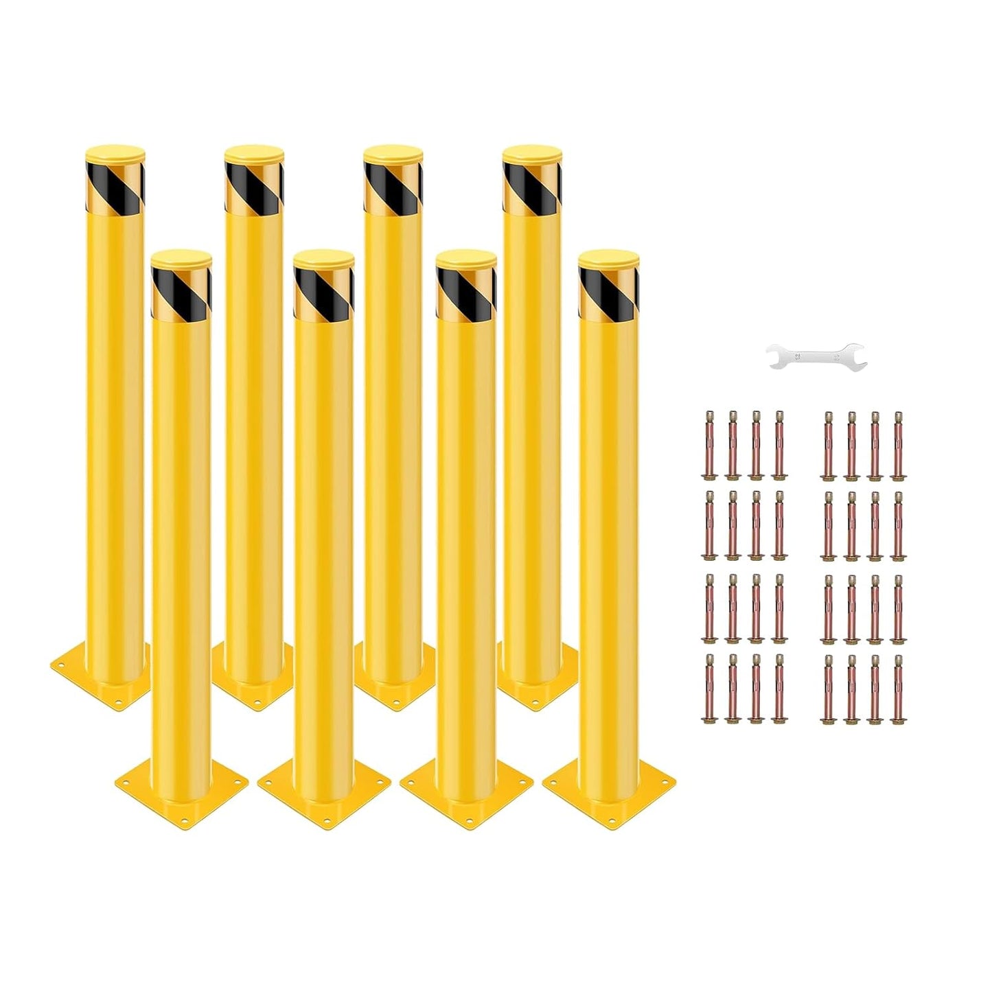 8 Pack Safety Bollard Post, 30 Inch Height 4.5 Inch Diameter Yellow Pipe Safety Steel Bollards with Anchor Bolts and Wrench, Steel Bollards for Road Warning Construction Public Place Traffic Control