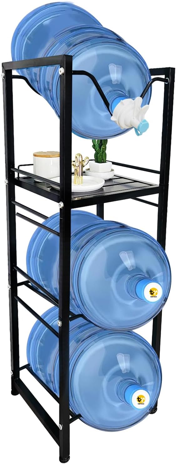 5 Gallon Water Jug Holder with 3-Tier Storage Shelves - Heavy Duty Stand with Fast Flow Spout - Fits 55mm Water Bottle - For Kitchen, Living Room, Office - Black