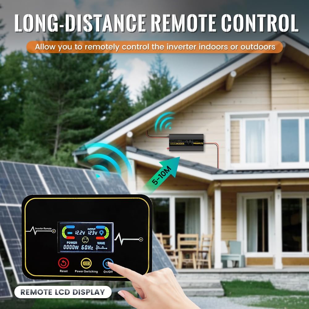 4000W Pure Sine Wave Power Inverter 12V DC to 120V AC 60HZ with LCD Display, USB Port, Wireless Remote Control（10M）, Solar, Outdoor