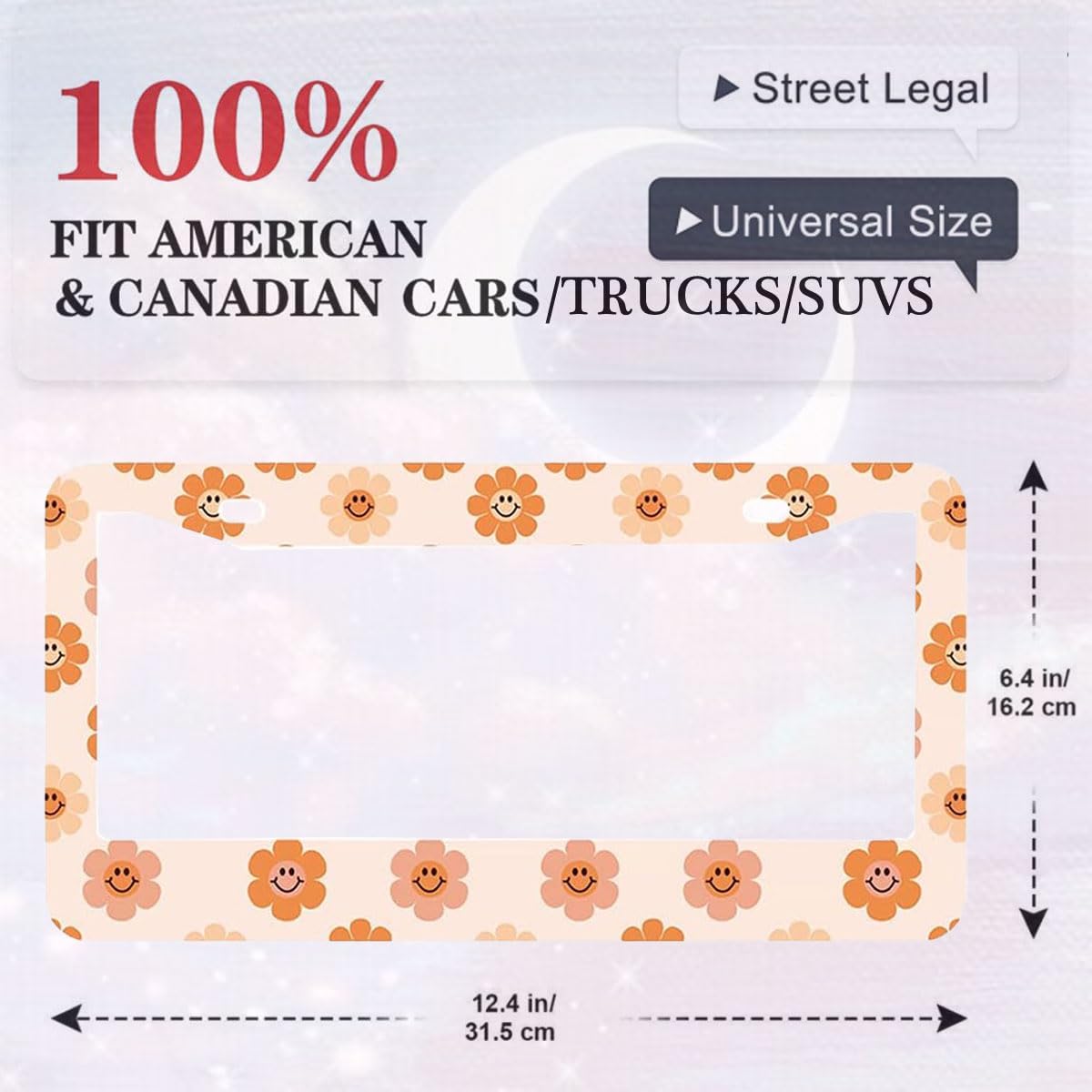 2 Pack Universal Smiley Face Flower License Plate Frame-Rustproof Aluminum Floral License Plate Frames for Women Men Fits All Vehicles, with Anti-Theft Screw Caps Included