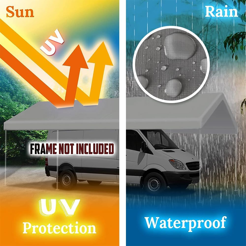 12'x20' Upgraded Carport Replacement Top Canopy Cover for Car Garage Shelter Tent Party Tent with Ball Bungees Grey (Only Top Cover, Frame is not Included)