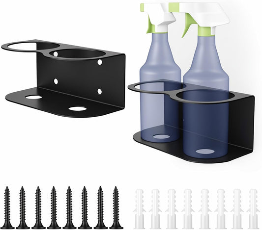 2 Pack Spray Bottle Holder Wall Mount, Metal Aerosol Spray Can Holder Rack Organizer with Double Holes, Heavy Duty Paint Bottle Can Storage Rack with Hardware Easy Install for Garage Home Workspace
