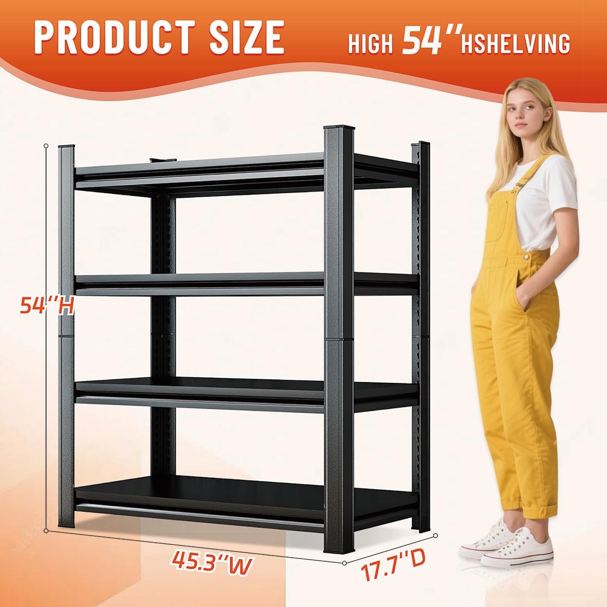 54''H Heavy Duty Metal Shelving Unit, 2000 lbs Total Capacity, Dual-Layer Column, Tool-Free Assembly, All-Steel Construction for Garage, Warehouse, Basement,45.3''W x 17.7''D x 54" H