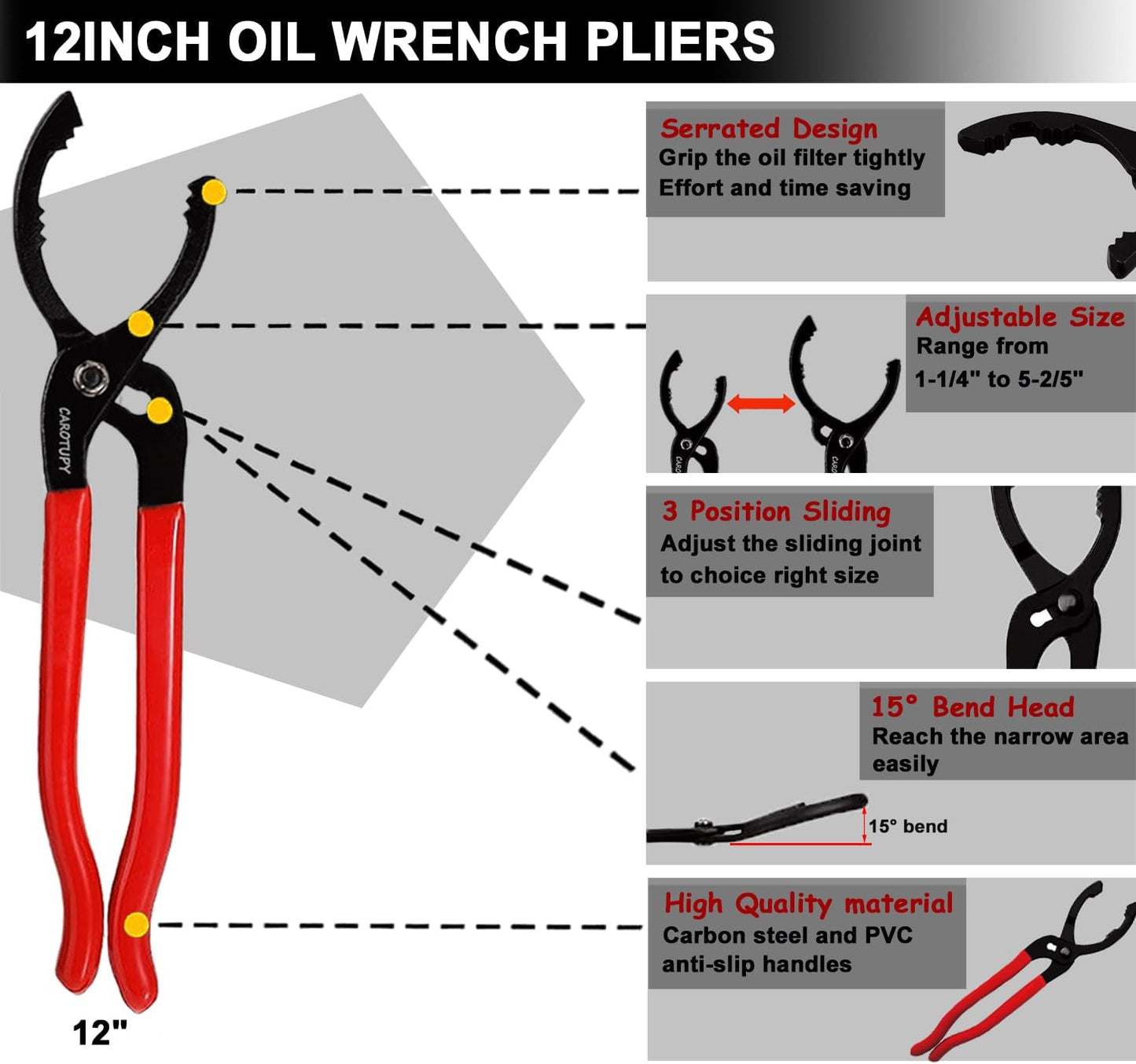 5Pcs Adjustable Oil Filter Pliers Set, Universal Oil Filter Removal Tool with Small Oil Funnel, 10" & 12" & 14" & 16" Oil Fliter Wrench From 1-1/4" to 8-1/2"