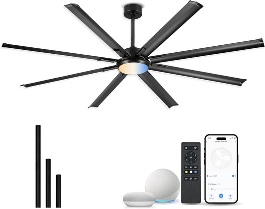 84 Inch Industrial Ceiling Fan with Light,Large Ceiling Fan with 8 Aluminum Blades,Work with Alexa,6-Speed Reversible DC Motor,3 CCT Settings,deal for Outdoor Spaces,CF04BK-84