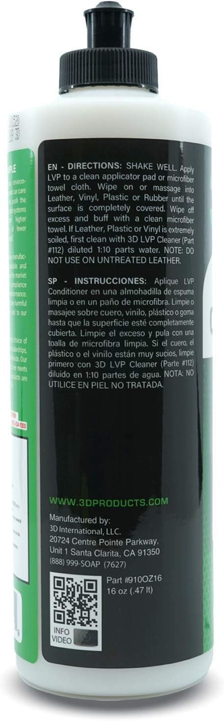 3D Leather, Vinyl & Plastic Conditioner | Restores, Conditions & Protects Car Interiors | Non-Greasy UV Protection for Seats, Steering Wheels, & Trim |16 oz