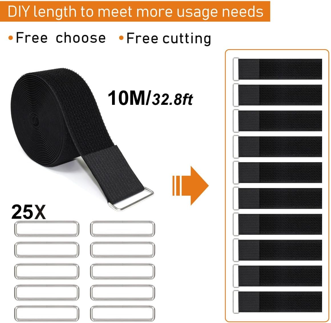 2" x32ft Reusable Cinch Strap with 20 Metal Buckles, Cut-to-Length Fastening Securing Straps, Adjustable Nylon Cable Straps and Cord Ties for Organizer or Storage, 2 inch Wide, Black