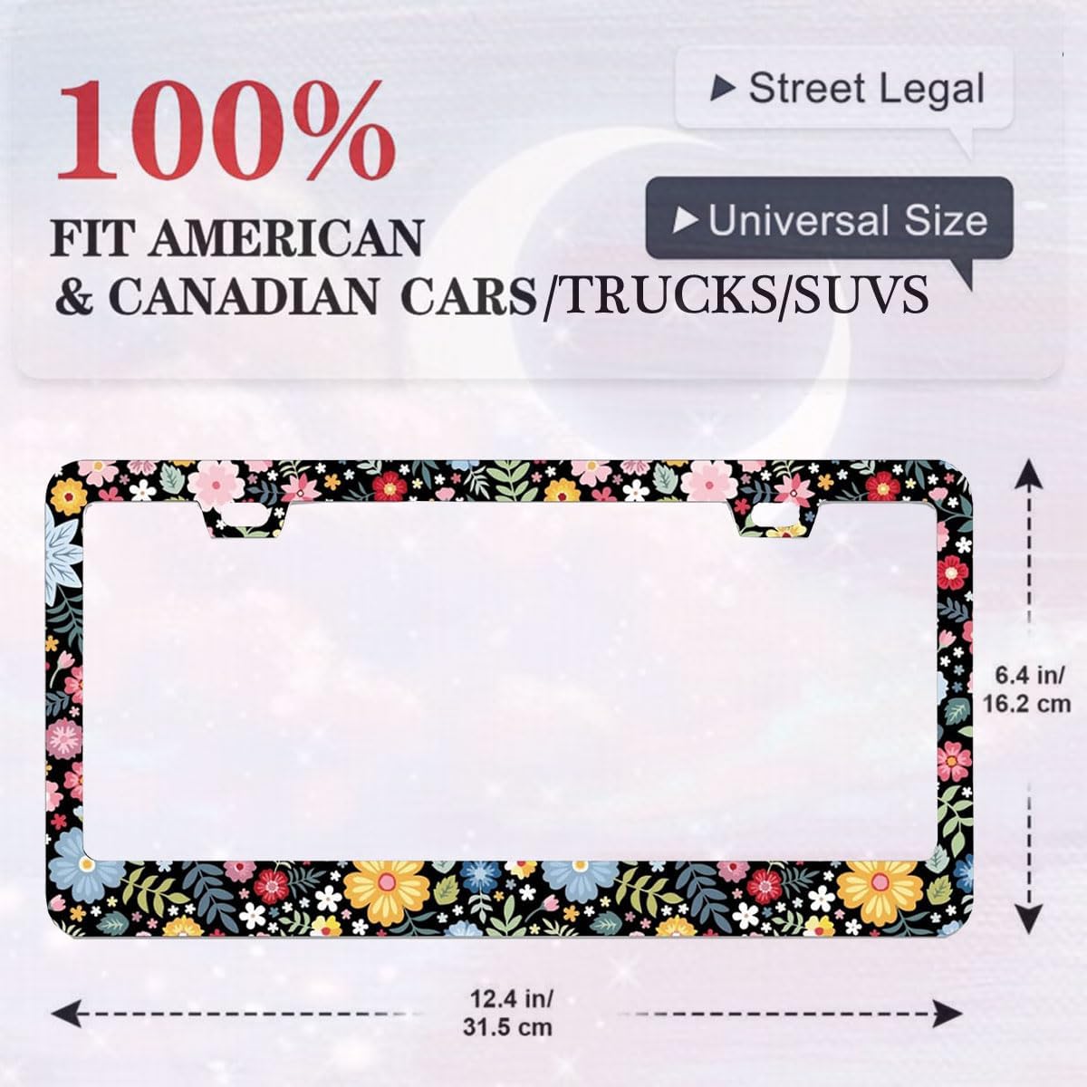 2 Pack Universal Retro Colorful Flowers License Plate Frame - Heavy Duty Rustproof Aluminum Matte Black Car Tag Holder Bracket Fits All Vehicles, Easy Install with Screws Included