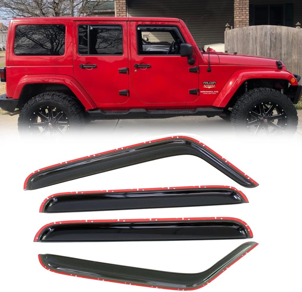 194249 Side Window Wind Deflector,4pcs in-Channel Style Nice Sun Rain Guards Set,Dark Smoke Window Visor Compatible with 2007-2018 Jeep Wrangler 4-Door (JK)